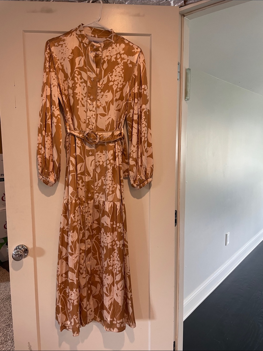 Floral Print Maxi Dress in Camel and Cream with Belt